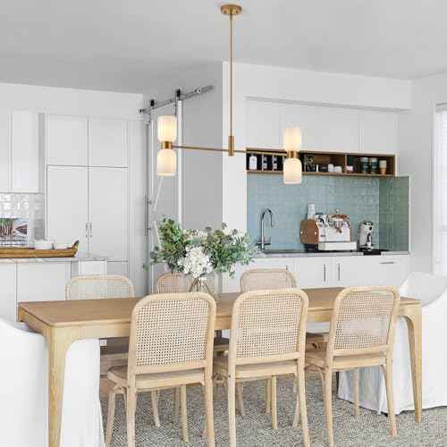 Modern Linear Chandelier for Kitchen Island, Gold Island Light Fixtures with White Glass Shade, 4-Light Linear Pendant Light Fixture for Dining Room