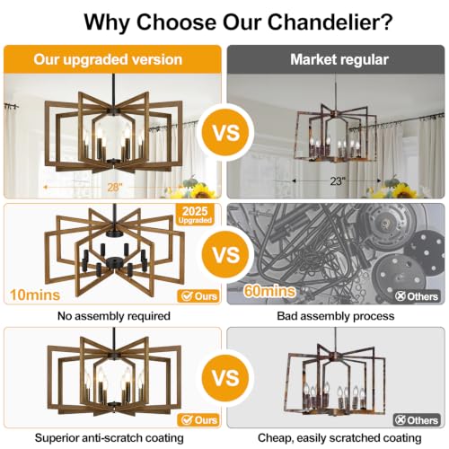 25" 61" Height Adjustable Retro Wood Texture Chandelier for Dining Room