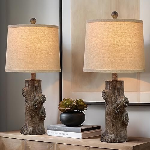 23"Resin Table Lamps for Living Room Set of 2 Country Cottage Farmhouse Lamp for Bedroom Tree Trunk Wood Grain with Oatmeal Fabric Round Shade Vintage Rustic Traditional Nightstand Bedside Lamp
