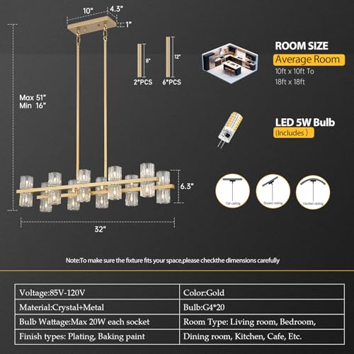 20 Light L32 Rectangle Gold Crystal Dining Room Light Fixture