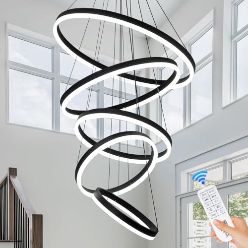 5 Rings Modern LED Chandelier Black Dimmable High Ceiling Chandelier for Dining Room with Remote Control for Foyer Living Room Entryway Staircase
