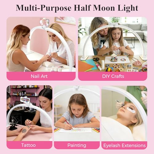Half Moon Light for Nail Desk with Phone Holder 29" Foldable LED Nail Tech Light 3 Color Modes & 10 Brightness Half Moon Lamp for Manicure Table