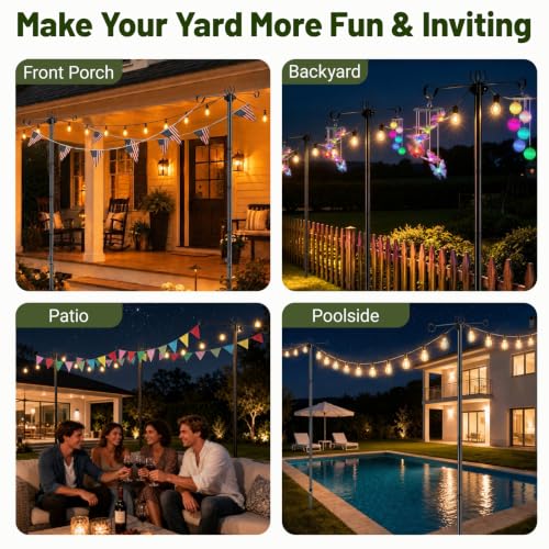 6 Pack Outdoor String Light Poles 10 ft with Detachable Side Crossbars