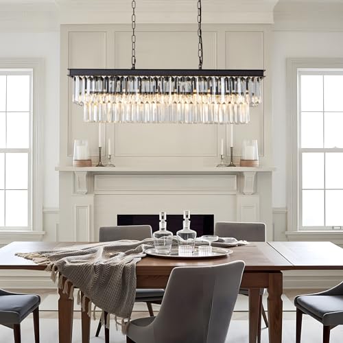 Black Crystal Chandelier for Dining Room Light Fixture Rectangle Modern Farmhouse Chandelier Contemporary Pendant for Kitchen Island Living Room Long Chandelier Rectangular Lighting