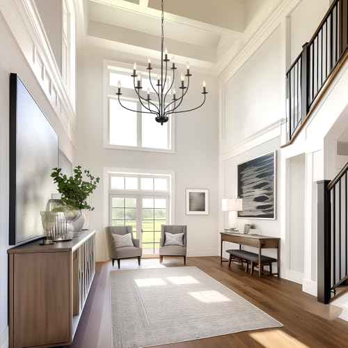 Black Chandelier 12 Light, Large Modern Farmhouse Chandeliers for Dining Room, Industrial Candle Pendant Lighting Fixture for Foyer Hallway Entryway High Ceiling, Bedroom, Living Room, Kitchen E12