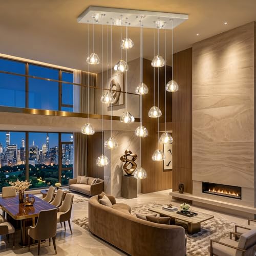 Crystal Rectangular LED Chandelier for Living Dining Room Light Dimmable High Ceiling Pendant Lights Fixtures Lighting Chandeliers for Foyer Entryway Lighting Polished Chrome