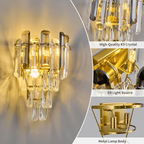 Modern Crystal Wall Sconces Gold Wall Sconce Set of Two Bathroom Vanity Light Fixtures Bedside Wall Light for Living Room Bedroom Hallway Foyer G9 Bulbs (2 Count)