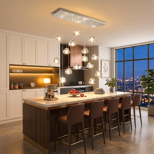 Crystal Rectangular LED Chandelier for Living Dining Room Light Dimmable High Ceiling Pendant Lights Fixtures Lighting Chandeliers for Foyer Entryway Lighting Polished Chrome