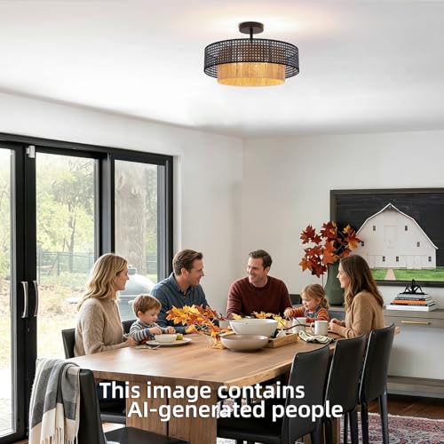 Black Boho Wicker Ceiling Light Fixture