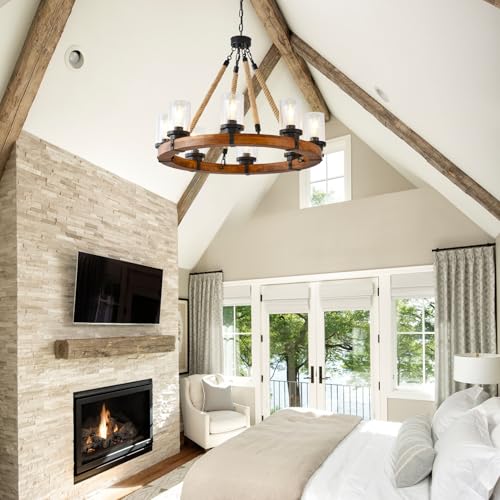 9 Light Round Wagon Wheel Chandelier Farmhouse Rustic Pendant Light Fixture with Seeded Glass Shades