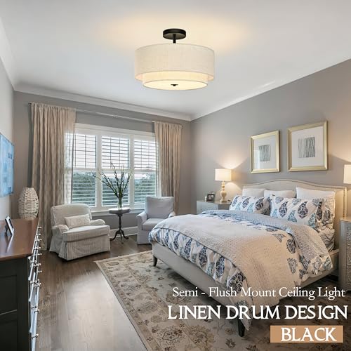 3 Light Semi Flush Mount Ceiling Light Fixture 15.7 Inch Modern Black Drum Ceiling Light Fixture with 2