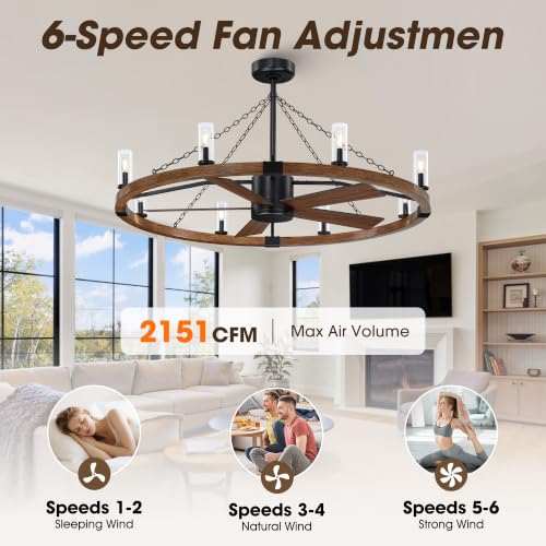 52 Inch Farmhouse Wagon Wheel Ceiling Fans with Lights and Remote