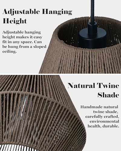 12” Woven Japandi Pendant Light for Kitchen Island Boho Hanging Lamp with Handwoven Rattan Basket Shade Adjustable Pendant Light Fixtures for Dining Room Bar Bedroom Foyer Hallway Dark Brown