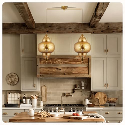 Modern 2 Light Pendant Light Fixture Kitchen Island Brass Hanging Lights with Gold Metal Shade and Adjustable Cord Pendant Lighting