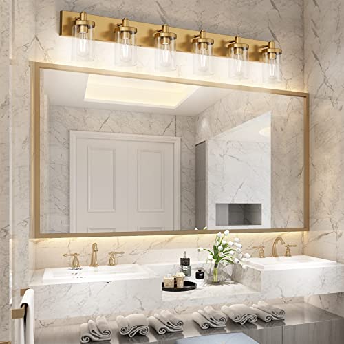 Gold Bathroom Vanity Light Farmhouse Vanity Lighting Fixtures 6 Light 48in Bathroom Light Fixtures with Clear Glass Shade