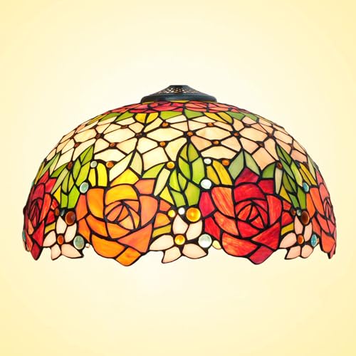 16 Inch Rose Tiffany Style Vintage Stained Glass Lamp Shade Replacement Only with Cap Fit for Bedside Reading Lamp Study Light Kitchen Dining Room Floor