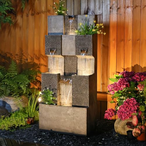 48" Modern Grid Outdoor Water Fountain with Led Light