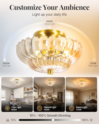 Semi Flush Mount Ceiling Light Fixture 11.8" Vinatge Gold Ceiling Lights Mid Century Modern Glass Close to Ceiling Lighting Fixtures for Bedroom Hallway Foyer Bathroom Kitchen Entryway