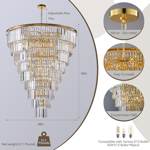 48 Inch Gold Tiered Crystal Tube Chandelier