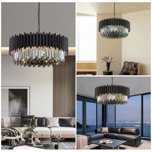 8 Light Large Crystal Chandeliers 24" Dining Room Light Fixture 5 Tiers Flush Mount Smoke Gray and Black Crystal Chandelier Round Pendant Light for Kitchen Living Room Entryway Foyer