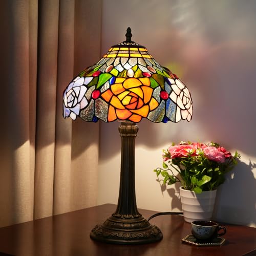 Tiffany Table Lamp Stained Glass Lamp Antique Nightstand Bedside Accent Desk Light for Bedroom Living Room Home Office Light +LED Bulb