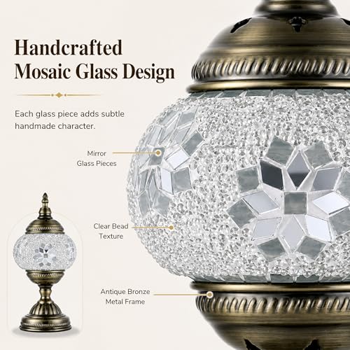 Turkish Moroccan Table Lamp Lantern with Handmade Mosaic Glass Lampshade Tiffany Style Bohemian Stained Glass Decorative Desk Lamps Bedside Night Lights for Bedroom