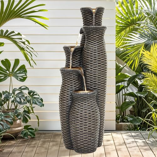 AUTODAYA 5 Tier Faux Rattan Vase Water Fountain Outdoor with LED Lights
