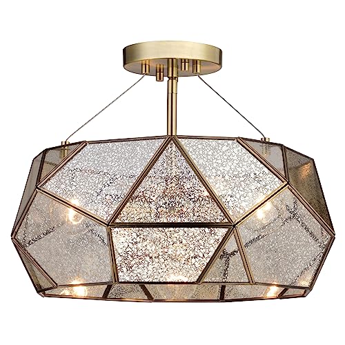 Euclid 16 in W Gold Aged Brass Contemporary Geometric Semi Flush Mount Ceiling Light Fixture with Silver Mercury Glass Shade