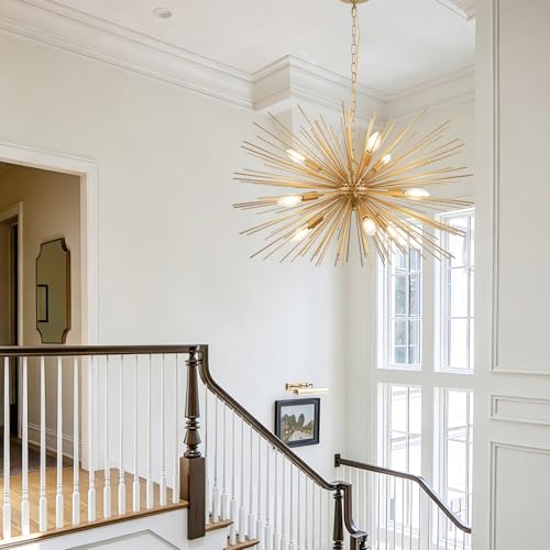 29in 9 Lights Gold Sputnik Chandelier Mid Century Modern Starburst