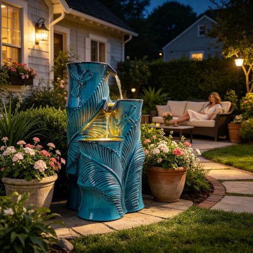 Autodaya Tropical Turquoise Ceramic Outdoor Water Fountain with Lights