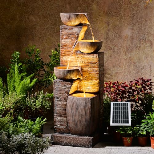 Solar Water Fountain Outdoor Garden 4 Tiers Stone Texture Modern Fountains