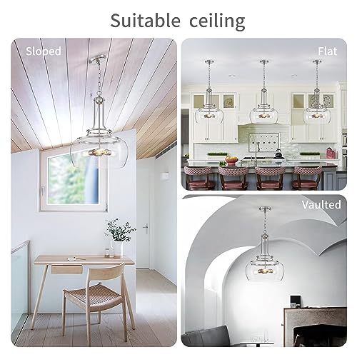 Chandelier Rustic Farmhouse Industrial Round Ceiling Pendant LED Light Fixture Clear Seeded Glass Shade for Dining Room Kitchen Island Foyer Entryway