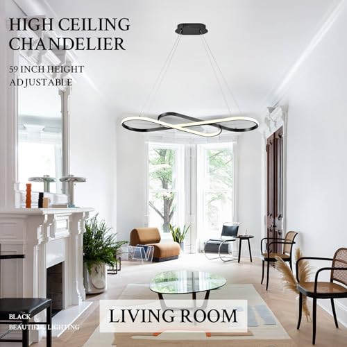 Modern LED Chandelier Black Dimmable LED Pendant Light for Dining Room Light Fixture Over Table Modern Kitchen Island Lighting High Ceiling with Remote for Living Room
