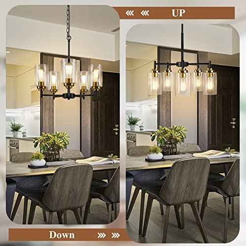 Sucolite 19.8'' Dia 5-Light Chandelier for Dining Room Kitchen Island, Modern Farmhouse Pendant Lighting with Glass Shades Black & Gold Ceiling Light Fixture for Living Room, Height Adjustable