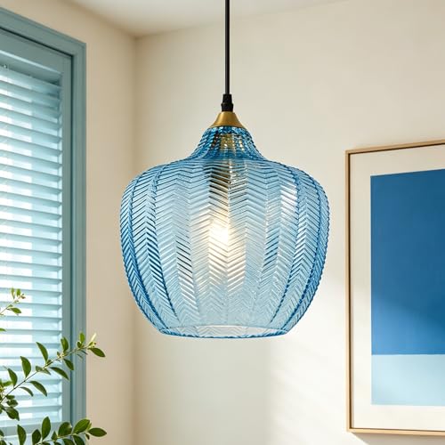 Blue Glass Pendant Lights Kitchen Island Gold Hanging Ceiling Light 9.45"