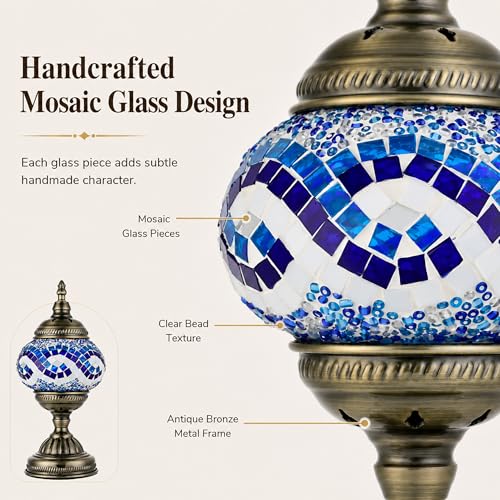 Turkish Moroccan Table Lamp Lantern with Handmade Mosaic Glass Lampshade Tiffany Style Bohemian Stained Glass Decorative Desk Lamps Bedside Night Lights for Bedroom