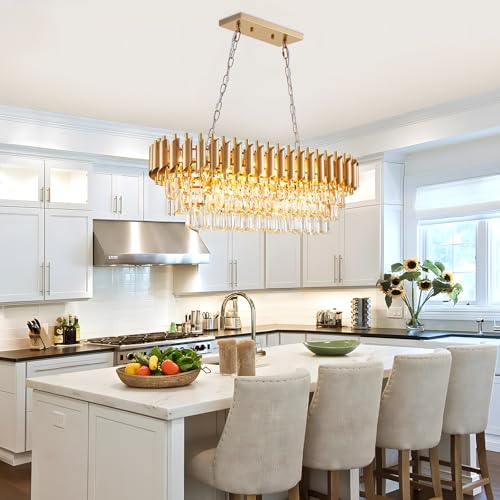 Modern Rectangular Chandelier Gold Crystal Chandeliers for Dining Room