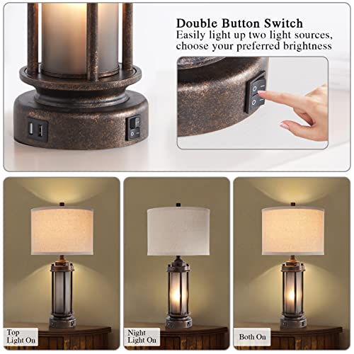 Set of 2 Farmhouse Table Lamps for Living Room with USB C+A Ports (2 Count)