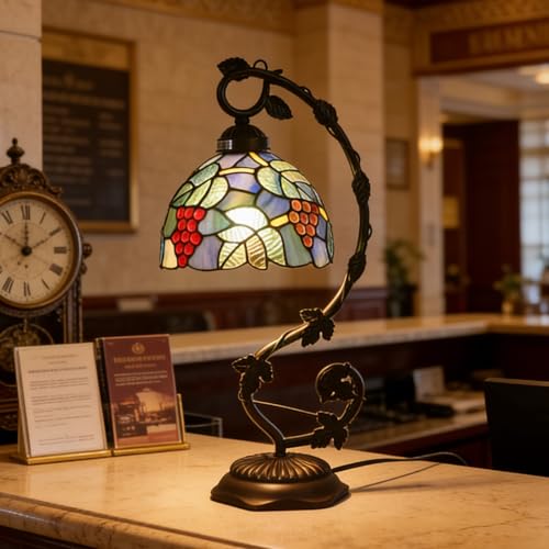 Tiffany Style Table Lamp Tulip Style Stained Glass Desk Light 8x10x21 Inch Bronze Metal Leaf Base Vintage Art Deco Desk Lamp for Bedroom