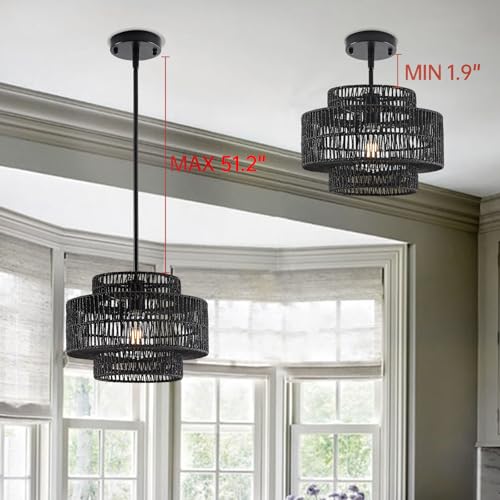 12.4" Black Rattan Pendant Light for Kitchen