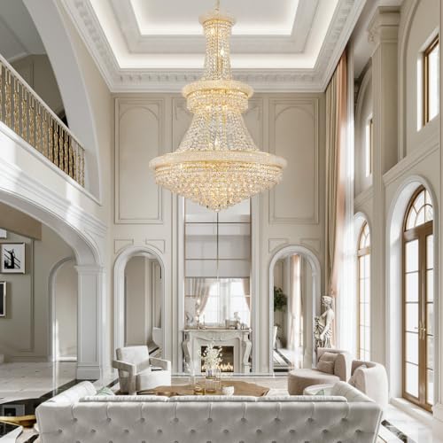 19 Lights High Ceiling Chandelier Modern Gold Crystal Chandeliers Large Foyer Chandelier Fixtures for Staircase Living Room Hallway Entryway