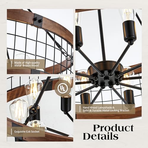 10 Light Farmhouse Drum Wood Pendant Light