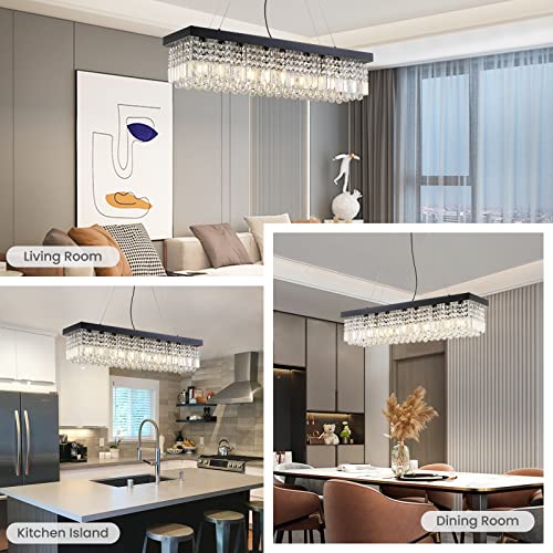Rectangle K9 Crystal Chandelier Modern Rectangular Pendant Lighting Fixture for Dining Room Kitchen Island Bedroom Black L40 x W10 x H10