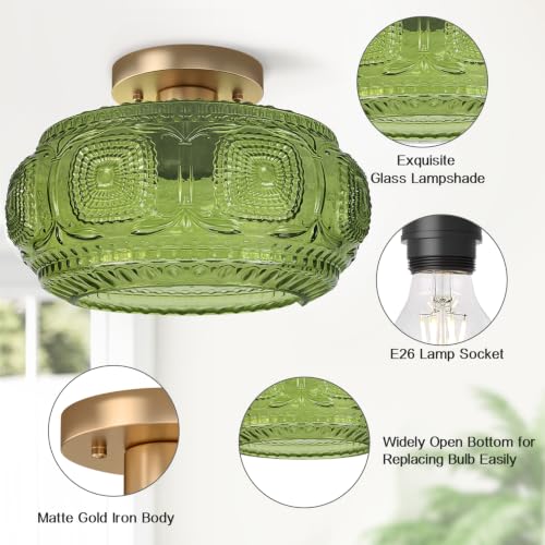 12" Art Deco Glass Semi Flush Mount Ceiling Light Fixture