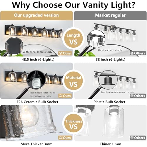 6 Light Bathroom Vanity Lights Large 48in with Bubble Glass Shades