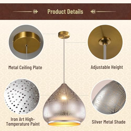 2 Pack Pendant Light Moroccan Chandelier Vintage Farmhouse Ceiling Hanging Light Fixtures Sliver Hardwire Flush Mount Pendant Light for Kitchen Island Dining Room Restaurant