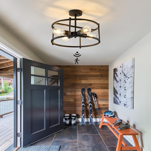 Motion Sensor Ceiling Light Indoor Industrial 4 Light Semi Flush Mout Ceiling Light Fixture Black Overhead Light for Entryway Hallway Closet Porch Front Farmhouse