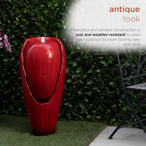 DIG100XS-RD | 33"H Outdoor Vintage Cascading Antique Jar Water Fountain with LED Lights — Garden, Patio & Yard Décor — Red Finish