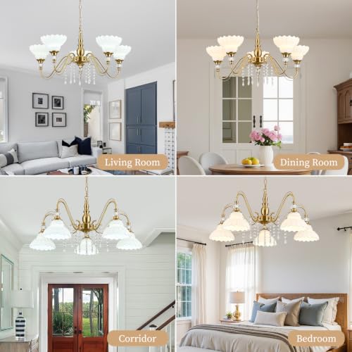 5 Light Vintage Chandelier in Brushed Gold Finish with Flower (5-Light / Gold and White)