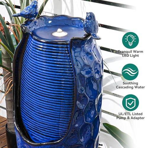 Autodaya 33" Vase Ceramic Outdoor Water Fountain with Lights and Birds